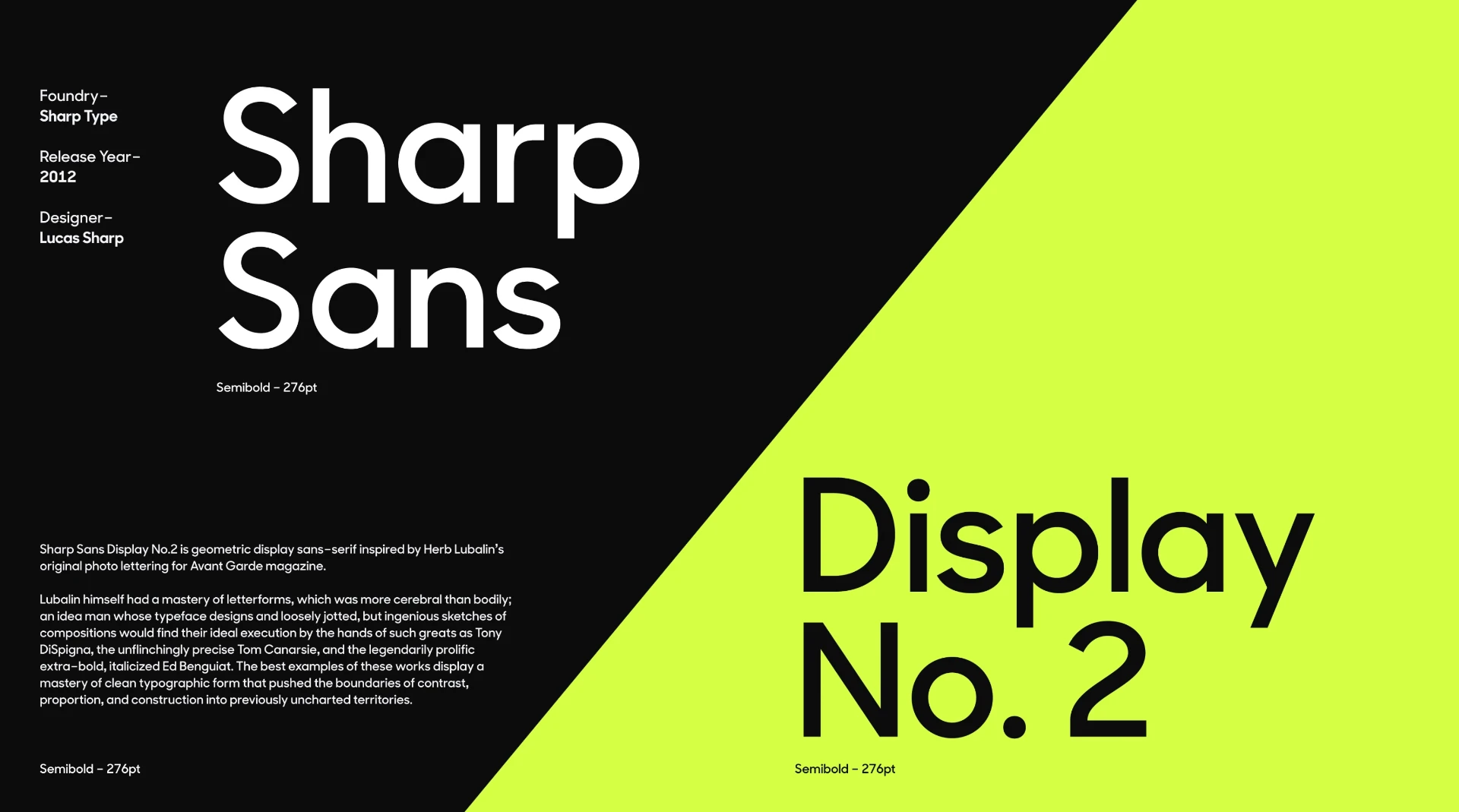 Relay brand typography specimen showing Sharp Sans Display No.2 in black and lime green