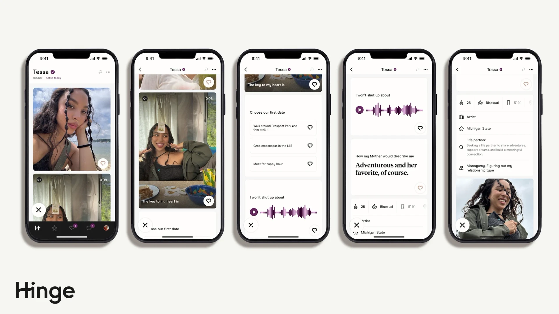 Sequence of Hinge profile screens showing photos, video prompts, first-date ideas, and voice prompts