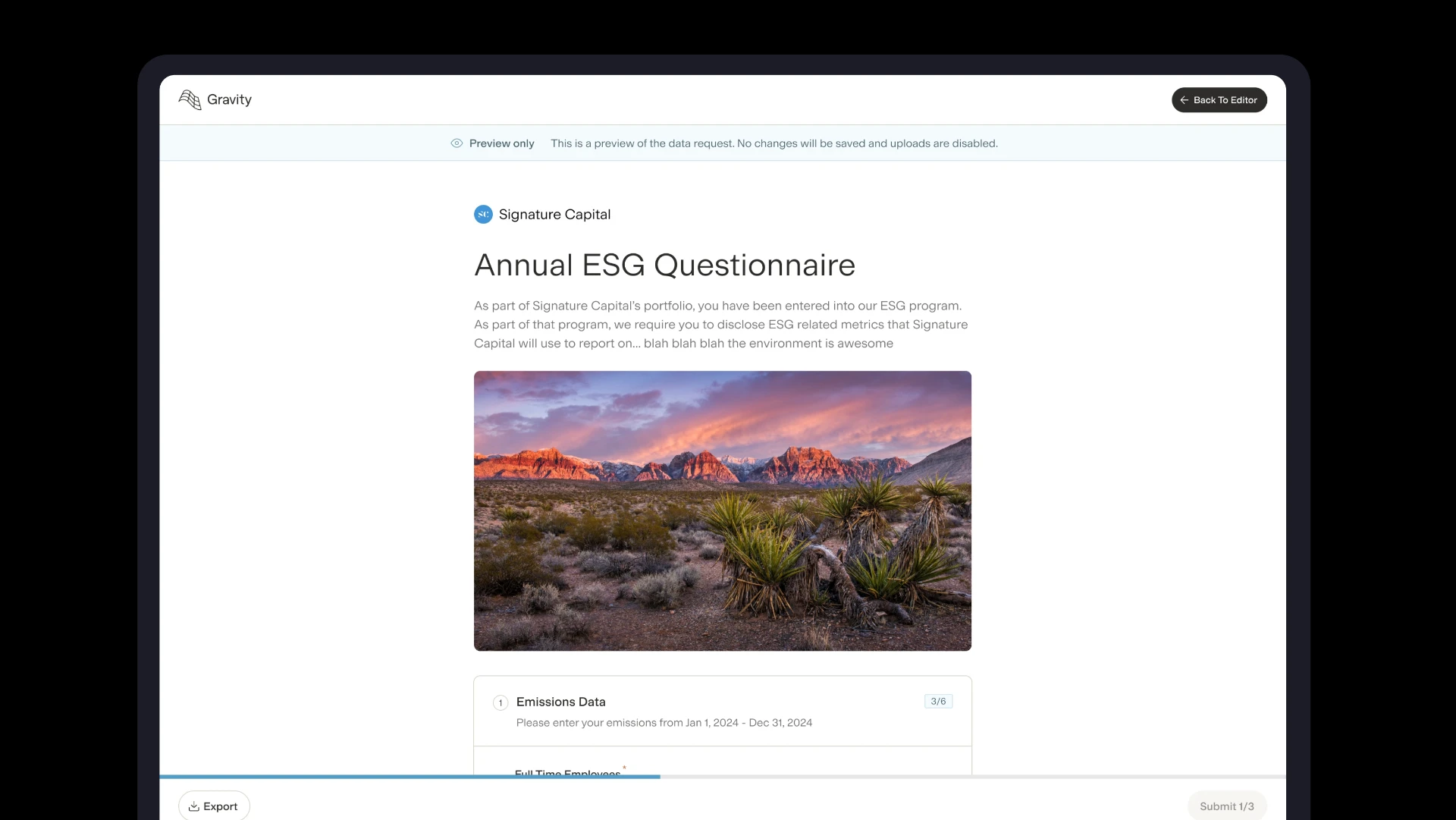 Gravity ESG questionnaire preview showing the Signature Capital annual questionnaire