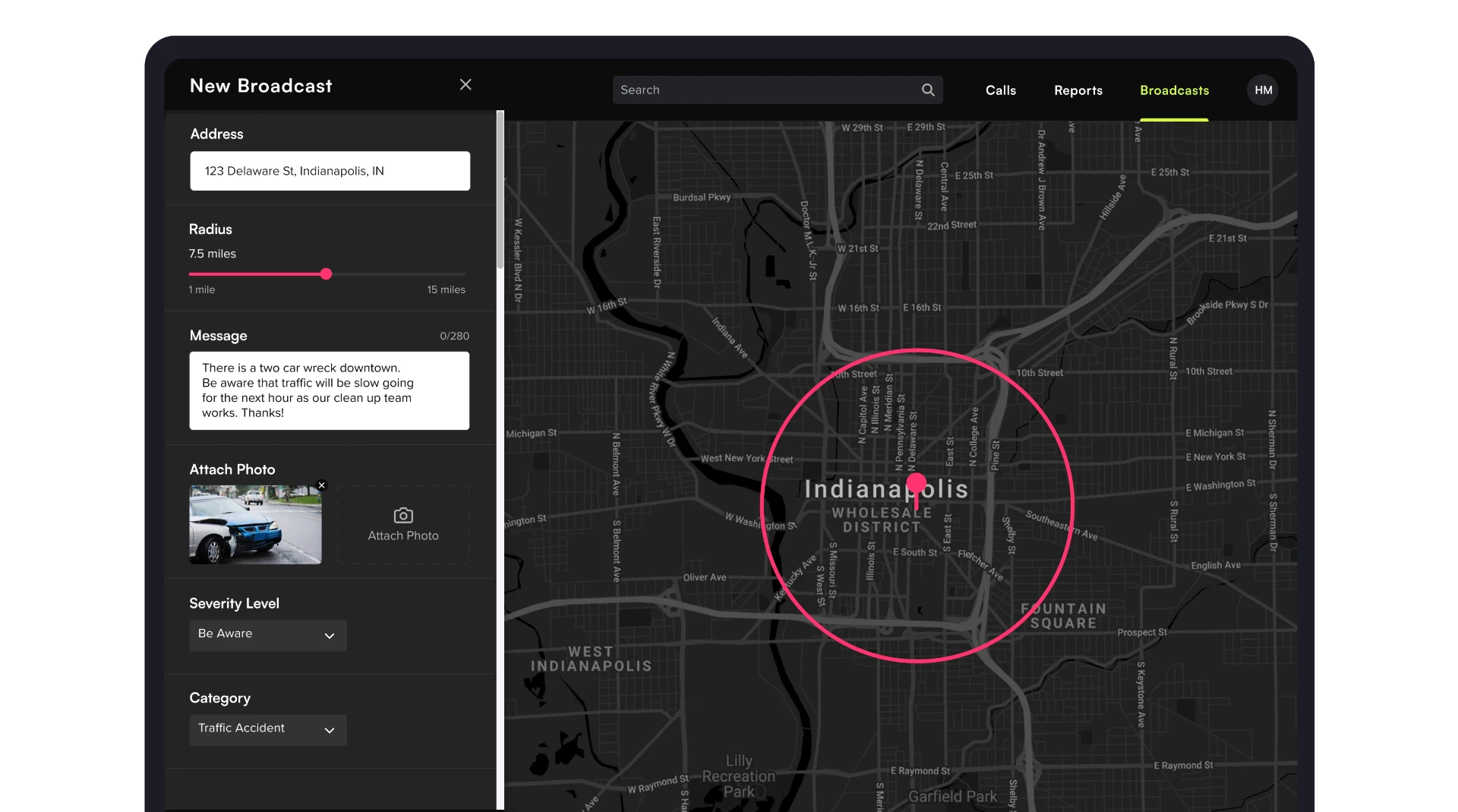 Relay new broadcast composer with address, radius slider, message, photo attachment, and a radius circle on the map