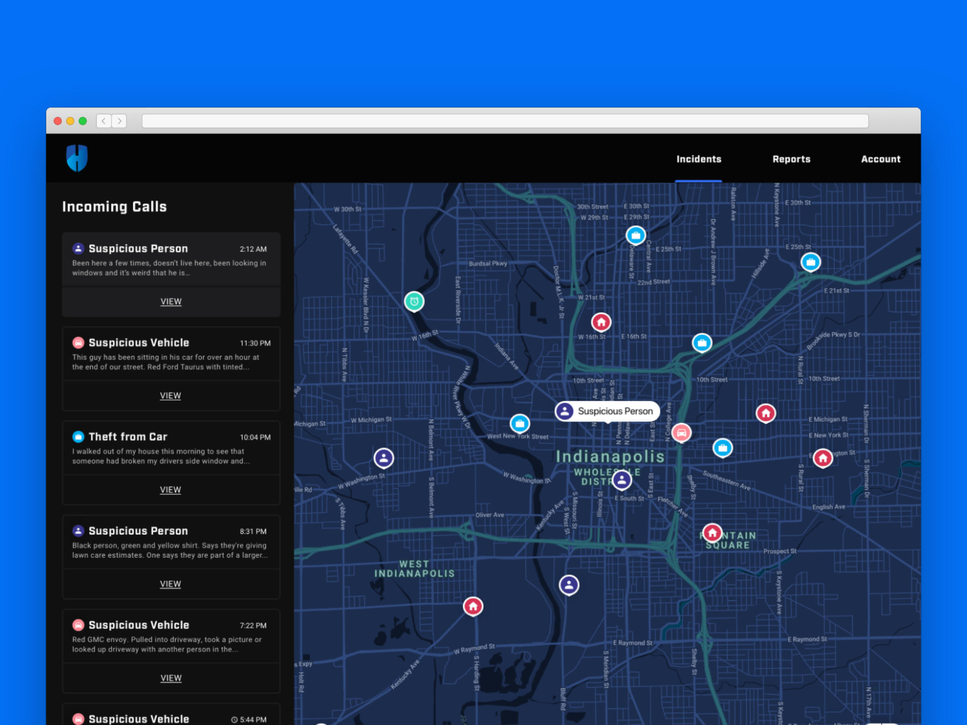 Dark themed incident console with incoming calls list beside a live map of Indianapolis