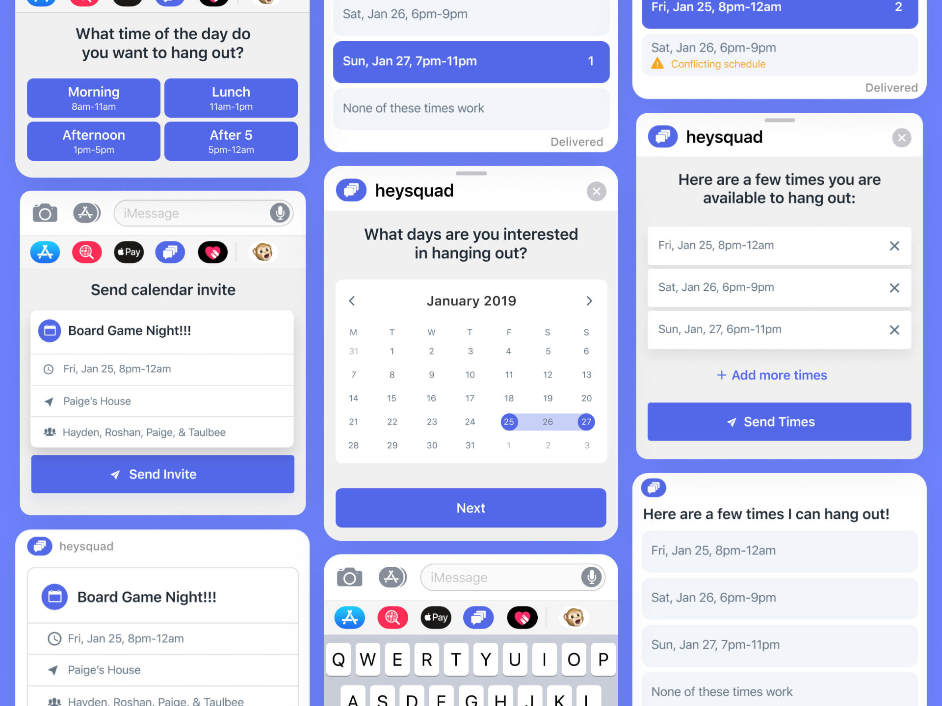 heysquad iMessage app screens for picking times, voting on hangouts, and sending calendar invites