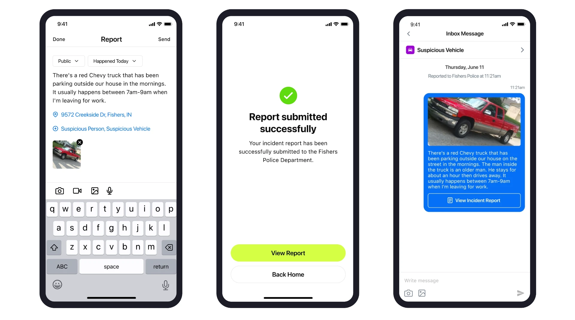 Relay report composer with photo, submission success screen, and inbox message thread