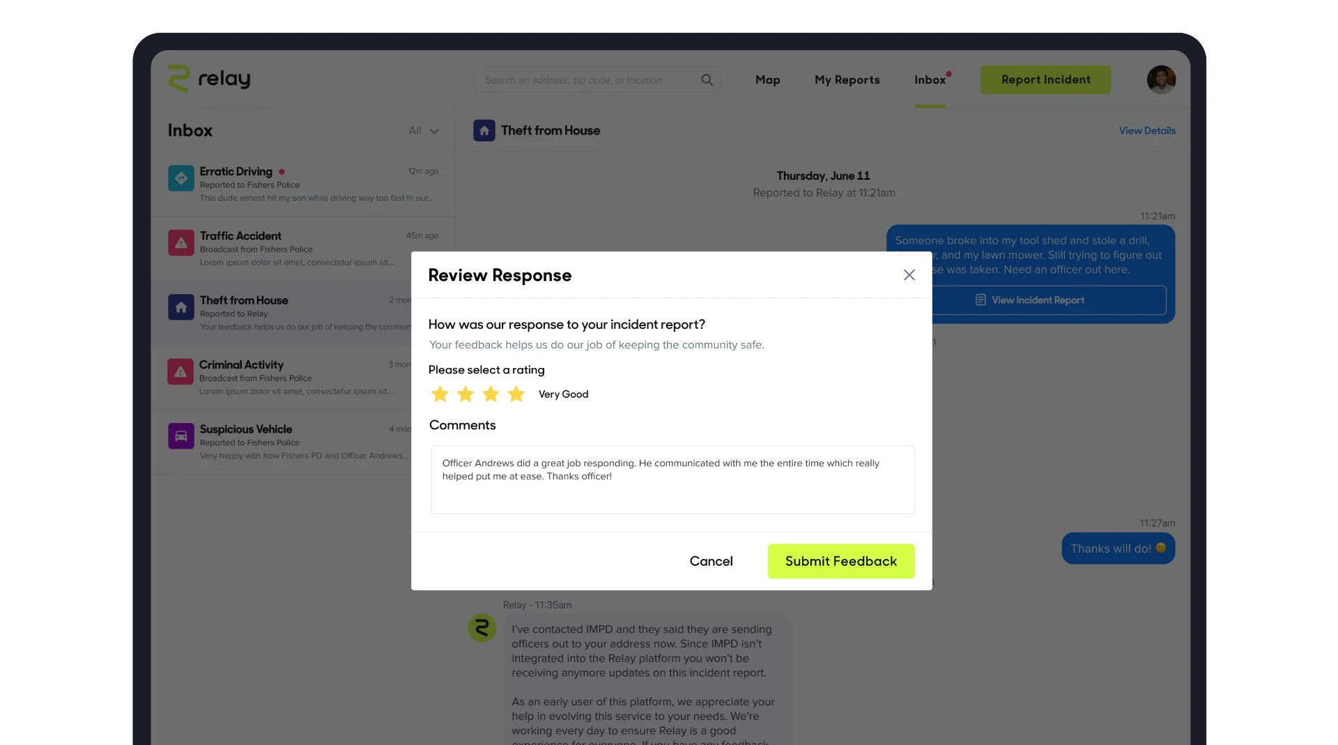 Relay review response modal asking residents to rate the incident response with stars and comments