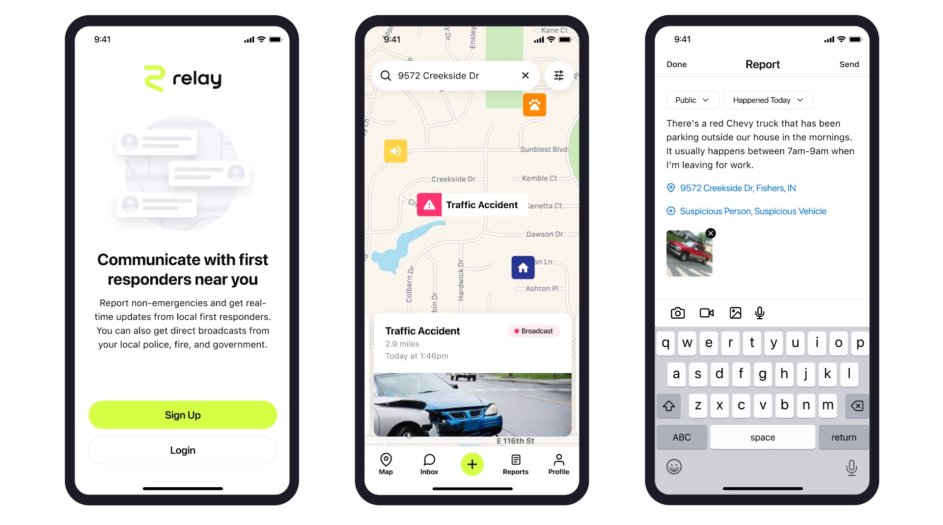 Relay onboarding screen, map with traffic accident broadcast, and report composer